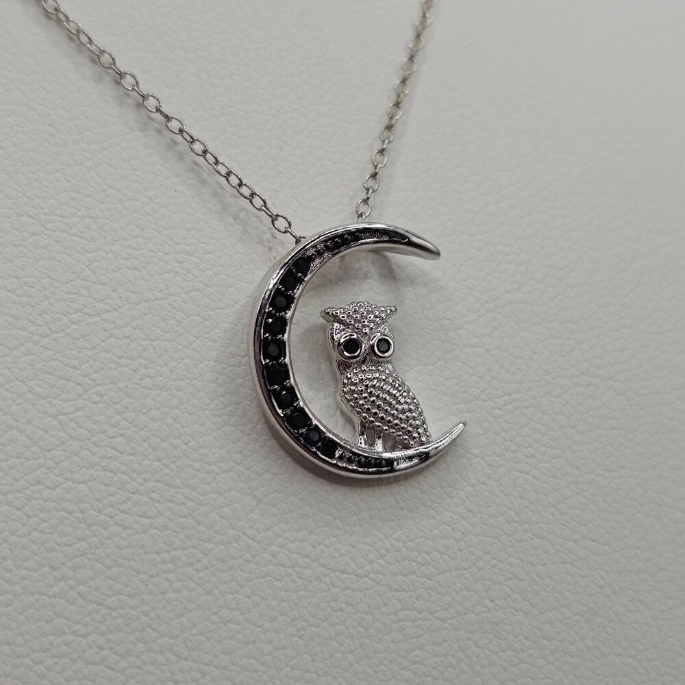Sterling Silver 925 Rhodium Plated CZ Black Moon and Owl Pendant Necklace - Picture 6 of 10